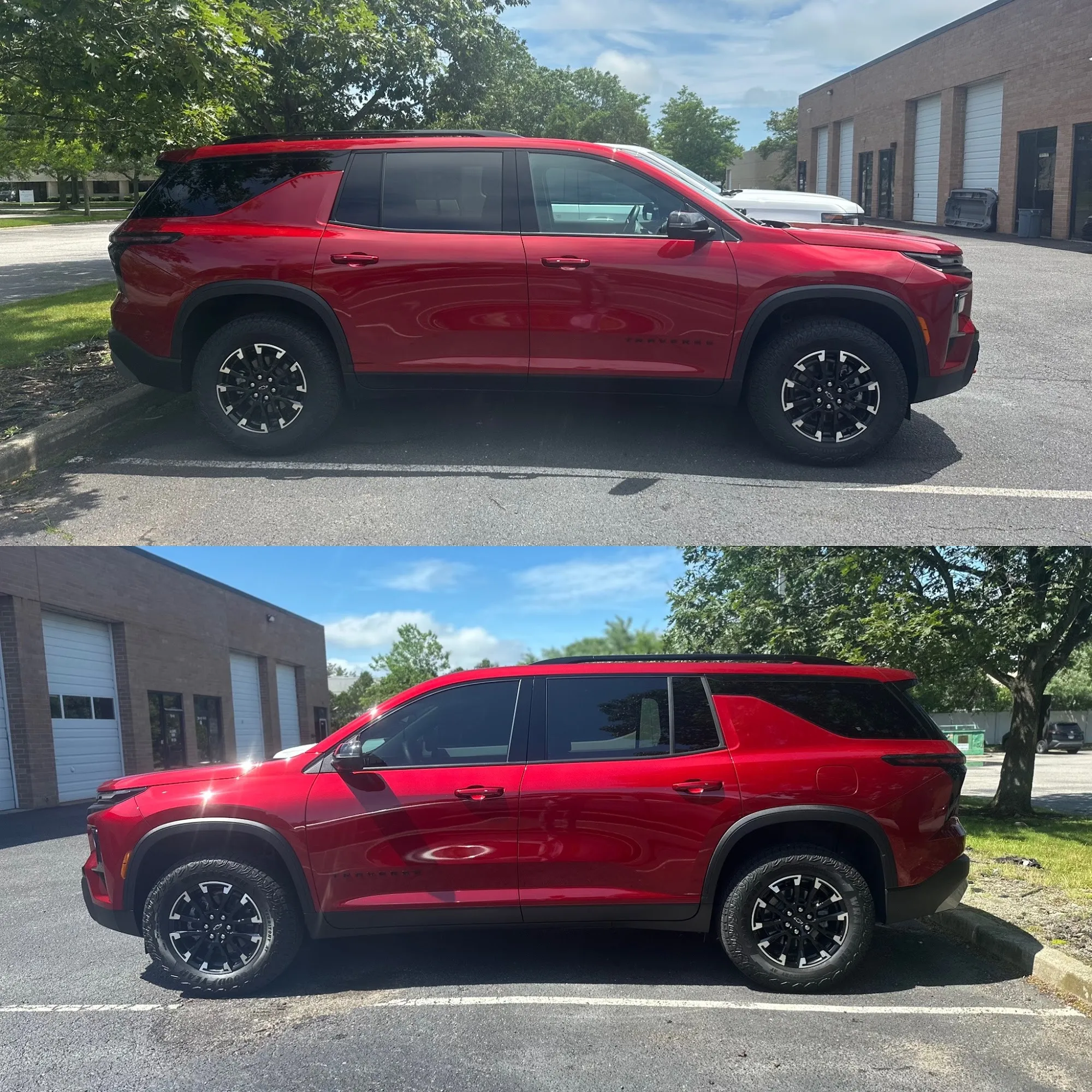 Red Chevrolet Traverse with window tint