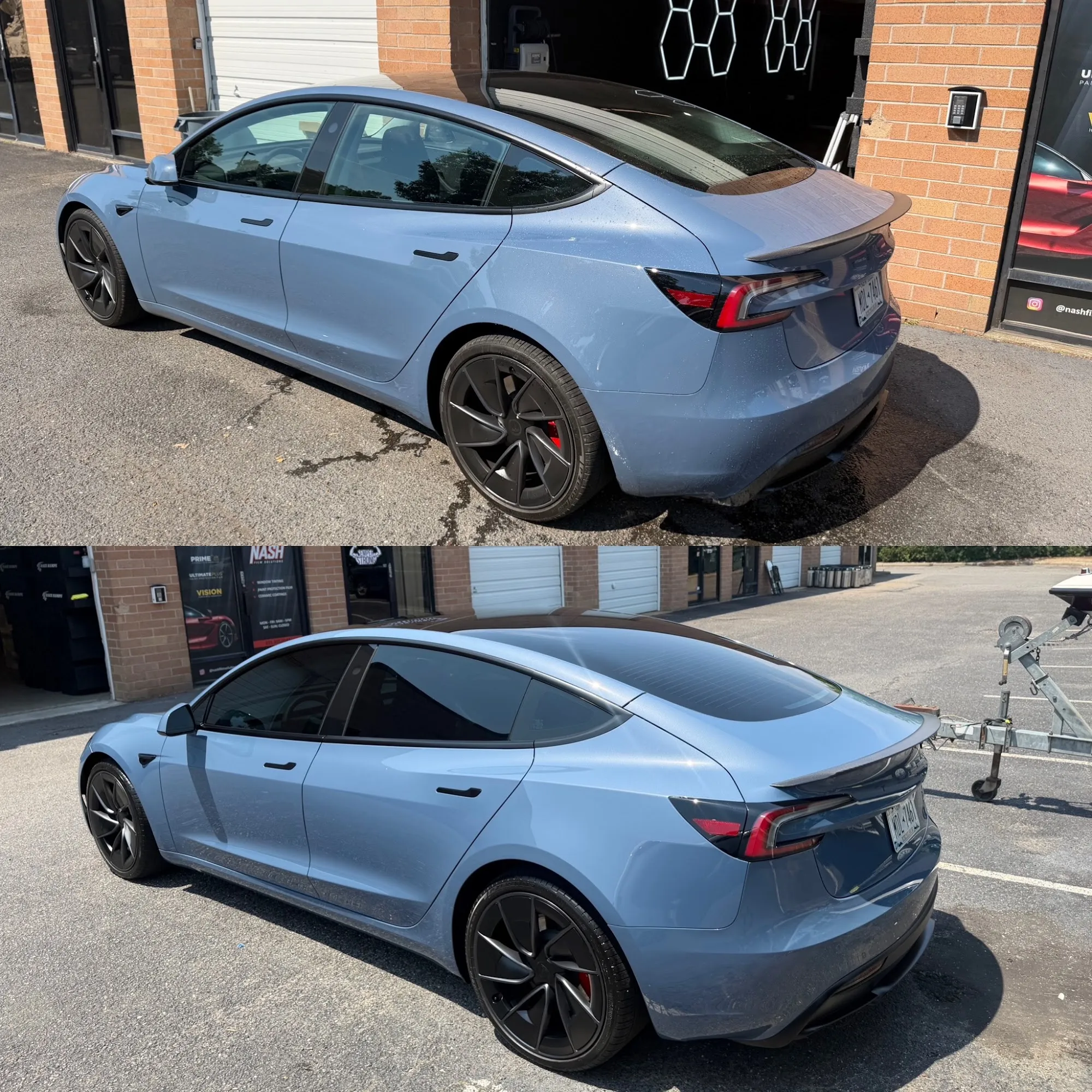 Blue Tesla Model 3 with tinted windows